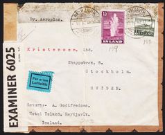 1942. 1 Kr. HEKLA + 15 AUR GEYSIR..  Rare Censored Cover To Sweden By Aeroplan From R... () - JF317471 - Briefe U. Dokumente