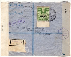 Eritrea-Palestine, 1944 WWII M.E.F / MEF Double Censored, 2/6 Shilling, High Value Registered Cover I - Eritrea