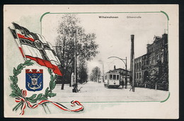 AK/CP Wilhelmshaven  Gökerstraße   Strassenbahn  Tram  Flaggen  Wappen   Gel/circ.  1916   Erhaltung/Cond. 2-  Nr. 00810 - Wilhelmshaven