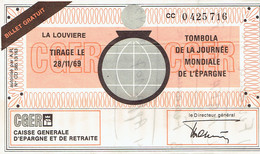 Ancien Billet De Tombola Journée Mondiale De L'épargne émis Par La CGER La Louvière (28/11/1969) - Loterijbiljetten