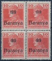 ** Baranya I. 1919 Károly 10f Négyestömb, Egy érték Antikva Számokkal / Mi 35 Block Of 4, Overprint Variety. Signed: Bod - Autres & Non Classés