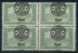 ** 1919 Parlament 80f Négyestömb, Elcsúszott Felülnyomással és Annak Gépszínátnyomatával / Mi 39 II. Block Of 4, Shifted - Autres & Non Classés