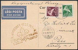 1933 Képeslap Cserkész Bélyegekkel, Jamboree Alkalmi Bélyegzéssel, Légipostával / Scout Special Cancellation On Airmail  - Sonstige & Ohne Zuordnung