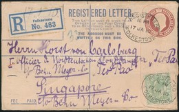 1910 Ajánlott Díjjegyes Boríték Díjkiegészítéssel Szingapurba / PS-registered Cover With 1/2p Additional Franking To Sin - Autres & Non Classés