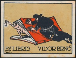 Biró Mihály (1886-1948): Ex Libris Vidor Ernő. Klisé, Papír, Apró Szakadással, Foltos, 9×12,5 Cm - Andere & Zonder Classificatie