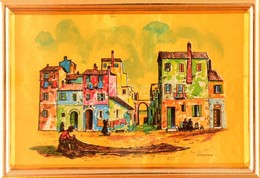 Mediterrán Utca, Aranyozott Kromolitográfia, üvegezett Keretben, 4×6 Cm - Other & Unclassified