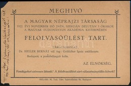 1922 Meghívó A Magyar Néprajzi Társaság Felolvasóülésére Rajta Heller Bernát Saját Kezű írásával - Andere & Zonder Classificatie