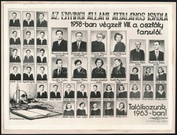 1958 Enying, Az Általános Iskola Tanári Kara és A Végzős Diákok, Kistabló Nevesített Portrékkal, Kasírozva, 18x24 Cm - Other & Unclassified