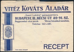 Vitéz Kováts Aladár 'Szent Lukács' Gyógyszertára, Címeres Receptboríték - Werbung