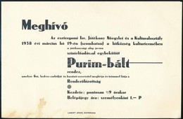 1938 Az Esztergomi Izraelita Jótékony Nőegylet és Kulturalosztály Purim Báli Meghívója, Eredeti Borítékjával, Etter Jenő - Autres & Non Classés