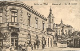 ** T2 Zilah, Zalau; Református Templom, Utcakép, Stern R. és Materny János üzlete / Street View, Shops, Church - Zonder Classificatie