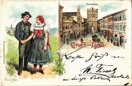 T2/T3 1899 Jihlava, Iglau; Frauenthor / Gate, Folklore, Couple In Traditional Costumes. Art Nouveau,  Litho (EK) - Ohne Zuordnung