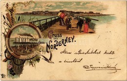 T2/T3 1900 Norderney, Weststrand / Beach. A. Frerichs Buch-Schreibmaterialienhdlg. Art Nouveau, Floral, Litho (EK) - Ohne Zuordnung