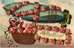 T2/T3 Boldog új évet! / New Year Greeting Art Postcard With Airship, Emb. Floral Golden Decoration, Litho (EK) - Ohne Zuordnung