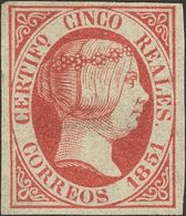 (*)9. 1851. 5 Reales Rosa Carmín. Color Muy Intenso Y Amplios Márgenes. MAGNIFICO. Cert. COMEX. - Otros & Sin Clasificación