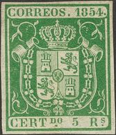 (*)26. 1854. 5 Reales Verde. Enormes Márgenes Y Color Intenso. PIEZA DE LUJO. Cert. GRAUS. - Andere & Zonder Classificatie