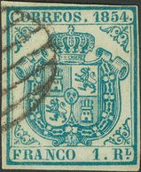 º34A. 1854. 1 Real Azul Claro. Color Muy Intenso. MAGNIFICO Y MUY RARO. Cert. GRAUS. - Other & Unclassified