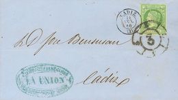 Sobre 51. 1860. 2 Cuartos Verde. Correo Interior De CADIZ. Matasello R.CARRETA Nº3 Y Fechador CADIZ / (3). MAGNIFICA. - Sonstige & Ohne Zuordnung