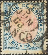 º95. 1867. 25 Mils Azul Y Rosa. Variedad RAYA BLANCA EN EL PELO DE LA EFIGIE E Inutilizado Con Matasello MADRID / FRANCO - Other & Unclassified