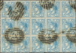 º97(15). 1868. 25 Mils Azul, Bloque De Quince. Matasello PARRILLA CON Nº37, De Palma De Mallorca. MAGNIFICO Y RARISIMO,  - Sonstige & Ohne Zuordnung