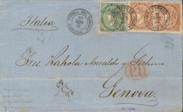 Sobre 99(2), 100. 1869. 100 Mils Castaño, Dos Sellos Y 200 Mils Verde. PUEBLA DEL CARAMIÑAL A GENOVA (ITALIA). Matasello - Andere & Zonder Classificatie