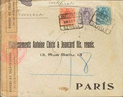 Sobre 269, 270, 274. 1915. 10 Cts Rojo, 15 Cts Violeta Y 25 Cts Azul. Certificado De SEVILLA A PARIS. Al Dorso Llegada.  - Andere & Zonder Classificatie