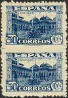 **809spv. 1936. 50 Cts Azul, Pareja Vertical. SIN DENTAR EN EL CENTRO. MAGNIFICA. Edifil 2015: +110 Euros - Sonstige & Ohne Zuordnung