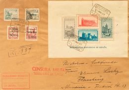 Sobre 847. 1938. Hoja Bloque Y Diversos Valores De Canarias. Certificado De LA LAGUNA A FLENSBURG (ALEMANIA). Al Dorso L - Sonstige & Ohne Zuordnung