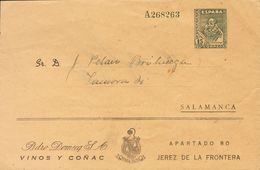 (*). 1938. 15 Cts Verde Gris Sobre Entero Postal Privado PEDRO DOMECQ SALAMANCA De JEREZ A SALAMANCA. MAGNIFICO Y RARISI - Altri & Non Classificati