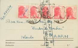 Sobre . 1938. 45 Cts Rosa, Tira De Cinco. Tarjeta Postal De BARCELONA A MAARN (HOLANDA), Dirigida A La Colonia Onder De  - Otros & Sin Clasificación