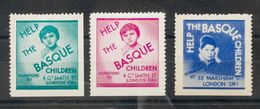 *. 1938. Tres Viñetas Sin Valor, En Azul, Verde Y Rosa (emitidas En Gran Bretaña). HELP THE BASQUE CHILDREN. MAGNIFICAS. - Autres & Non Classés