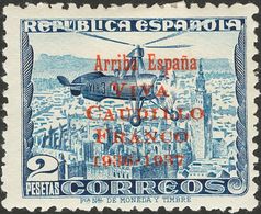 *15hcc. 1937. 2 Pts Azul. Variedad CAMBIO DE COLOR EN LA SOBRECARGA, En Rojo. MAGNIFICO. Edifil 2017: 155 Euros - Andere & Zonder Classificatie