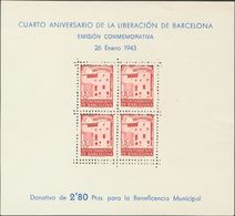 (*)47. 1943. 5 Cts Carmín Vinoso, Hoja Bloque. DOBLE DENTADO HORIZONTAL Y LA BANDELETA INFERIOR SIN DENTAR. MAGNIFICA. - Otros & Sin Clasificación