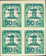 *11(2), 11b(2). 1937. 50 Cts Sobre 1 Cts Verde, Bloque De Cuatro. Dos Sellos Variedad "18 JULIO" MAS UNIDOS. MAGNIFICO.  - Andere & Zonder Classificatie