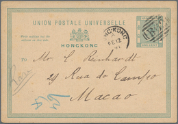 Hongkong - Ganzsachen: 1891/1903, Used Stationery Cards QV (9): 1 C. Green Late Use Of B62 To Macau - Interi Postali