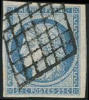 EMISSION DE 1849 - 4    25c. Bleu, Très Bien Margé, Obl. GRILLE, TTB - 1849-1850 Cérès