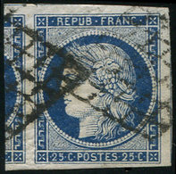 EMISSION DE 1849 - 4a   25c. Bleu Foncé, Voisin à Gauche Et 3 Amorces De Voisins, Obl. GRILLE, Superbe - 1849-1850 Cérès