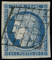 EMISSION DE 1849 - 4a   25c. Bleu Foncé, Obl. GRILLE, Grandes Marges, TTB - 1849-1850 Ceres