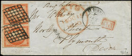 Let EMISSION DE 1849 - 5    40c. Orange, PAIRE Obl. GRILLE S. Env., Càd T15 St QUENTIN 13/10/50, Arr. PLYMOUTH 16/10, TT - 1849-1850 Ceres