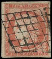 EMISSION DE 1849 - 7     1f. VERMILLON, Obl. GRILLE, Réparé Mais Très Plaisant D'aspect - 1849-1850 Ceres