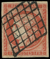 EMISSION DE 1849 - 7a    1f. VERMILLON VIF, Superbe Nuance, Obl. GRILLE, TTB, Certif. Scheller - 1849-1850 Cérès