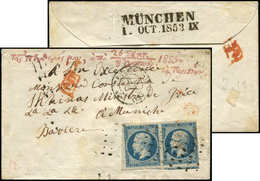 Let PRESIDENCE - 10   25c. Bleu, PAIRE Obl. GROS POINTS S. Env., Càd PARIS 8/10/53 Pour Un Ministre De La Grèce En BAVIE - 1852 Louis-Napoléon