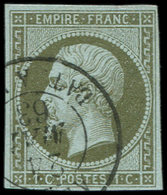 EMPIRE NON DENTELE - 11    1c. Olive, Obl. Càd BAT A VAP, R, TB. J Et C - 1853-1860 Napoléon III