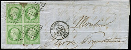 Let EMPIRE NON DENTELE - 12    5c. Vert, BLOC De 4 Déf., Obl. PC 2217 S. Partie De LSC (petite Tache D'encre D'imprimeri - 1853-1860 Napoleone III