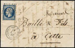 Let EMPIRE NON DENTELE - 14Aa 20c. Bleu Foncé T I Obl. PC 687 S. LAC, Càd MONTPELLIER A CETTE/(2 CONV.) 20/10/57, TB - 1853-1860 Napoléon III