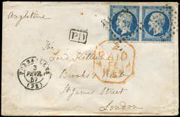 Let EMPIRE NON DENTELE - 14Aa 20c. Bleu Foncé, PAIRE Obl. PC 3537 S. Env., Càd T15 VERSAILLES 3/2/57, Arr. LONDON 4/2, T - 1853-1860 Napoléon III