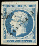 EMPIRE NON DENTELE - 15   25c. Bleu, Marges énormes, Obl. PC Léger, Superbe. C - 1853-1860 Napoléon III