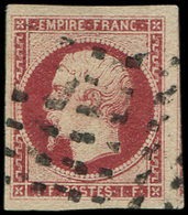 EMPIRE NON DENTELE - 18    1f. Carmin, Oblitéré GROS POINTS, Très Grandes Marges, TTB, Certif. Scheller, Signé Calves - 1853-1860 Napoleone III