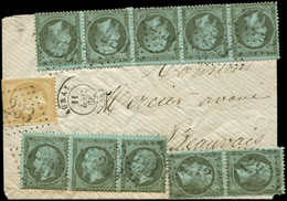 Let EMPIRE DENTELE - 19 Et 21, 1c. BANDE De 5, De 3 Et PAIRE Et 10c. Obl. GC 233 S. Env., Càd T15 AURAY 11/12/66, Affrt  - 1862 Napoleon III