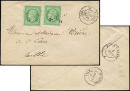 Let EMPIRE DENTELE - 20    5c. Vert, 2 Ex. Obl. ETOILE S. Petite Env., Càd Paris 6/8/66, Arr. St COSME, TTB - 1862 Napoléon III